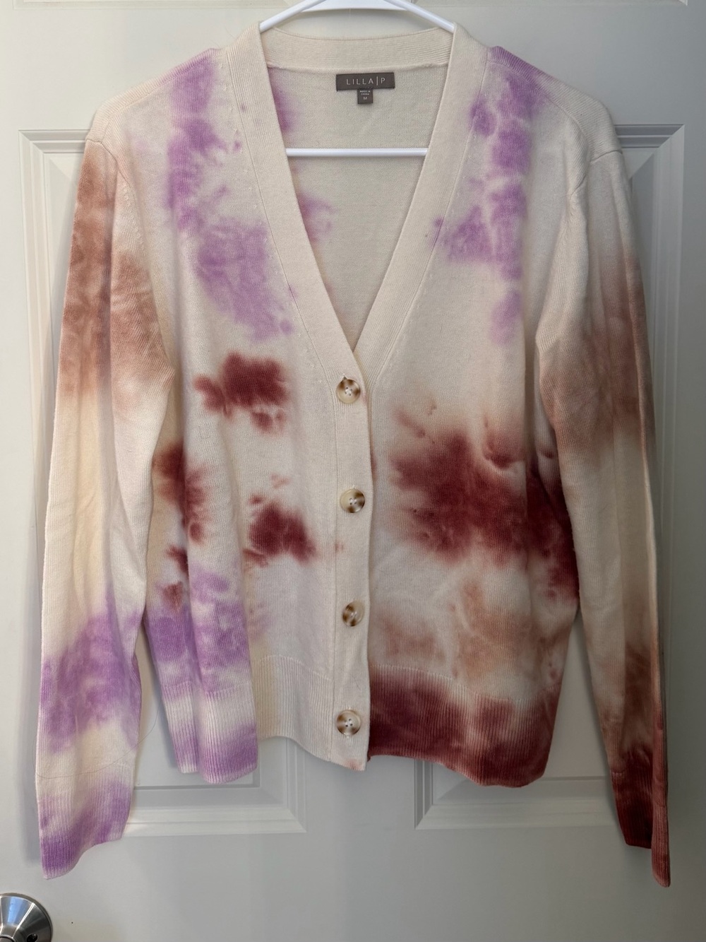 Lilla P Wool Cashmere Tie Dye Cardigan, Ivory/Rust/Purple, Size M